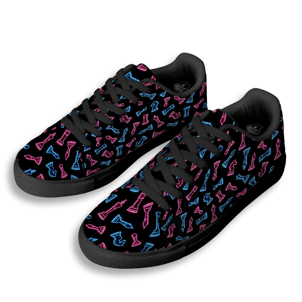 Neon Chess Pieces Print Pattern Black Low Top Sneakers-grizzshop