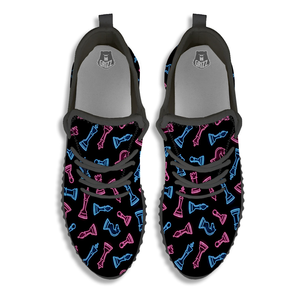 Neon Chess Pieces Print Pattern Black Walking Shoes-grizzshop