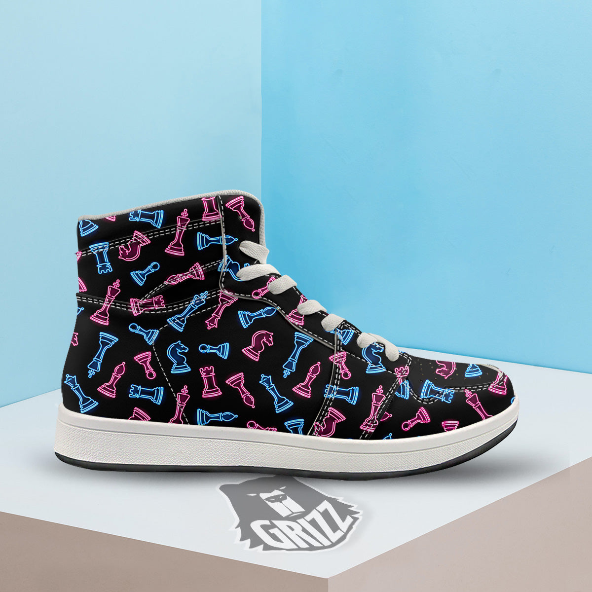 Neon Chess Pieces Print Pattern High Top Sneakers-grizzshop