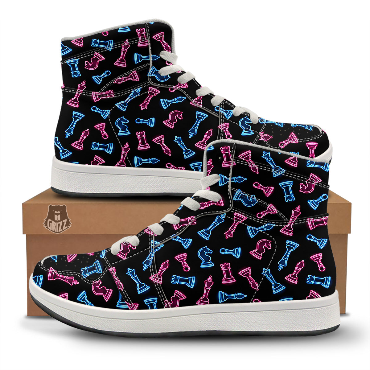 Neon Chess Pieces Print Pattern High Top Sneakers-grizzshop