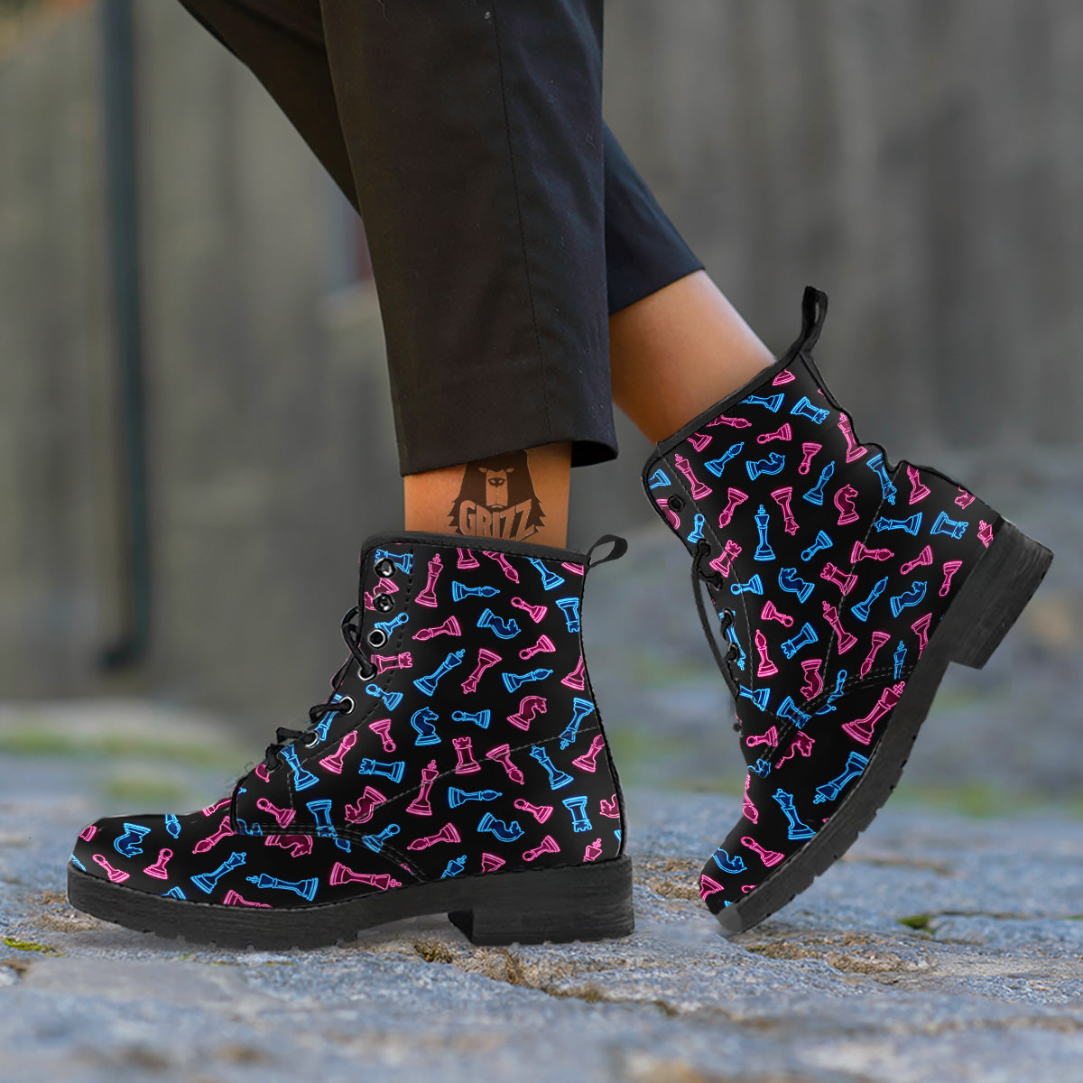 Neon Chess Pieces Print Pattern Leather Boots-grizzshop