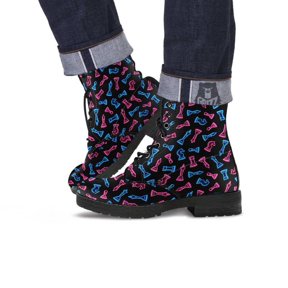 Neon Chess Pieces Print Pattern Leather Boots-grizzshop