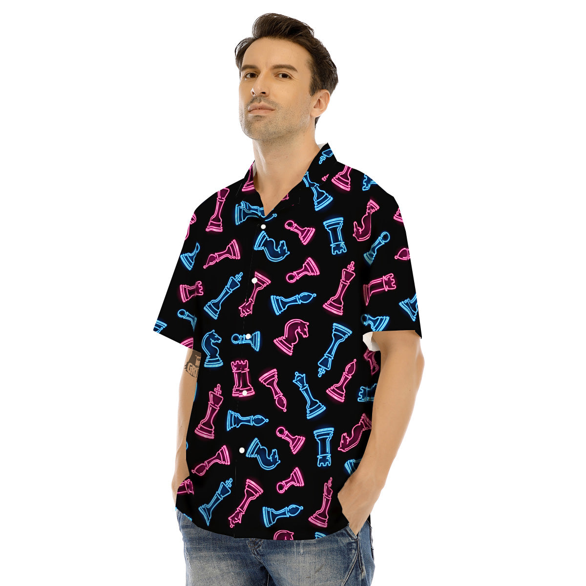 Neon Chess Pieces Print Pattern Men's Hawaiian Shirt-grizzshop
