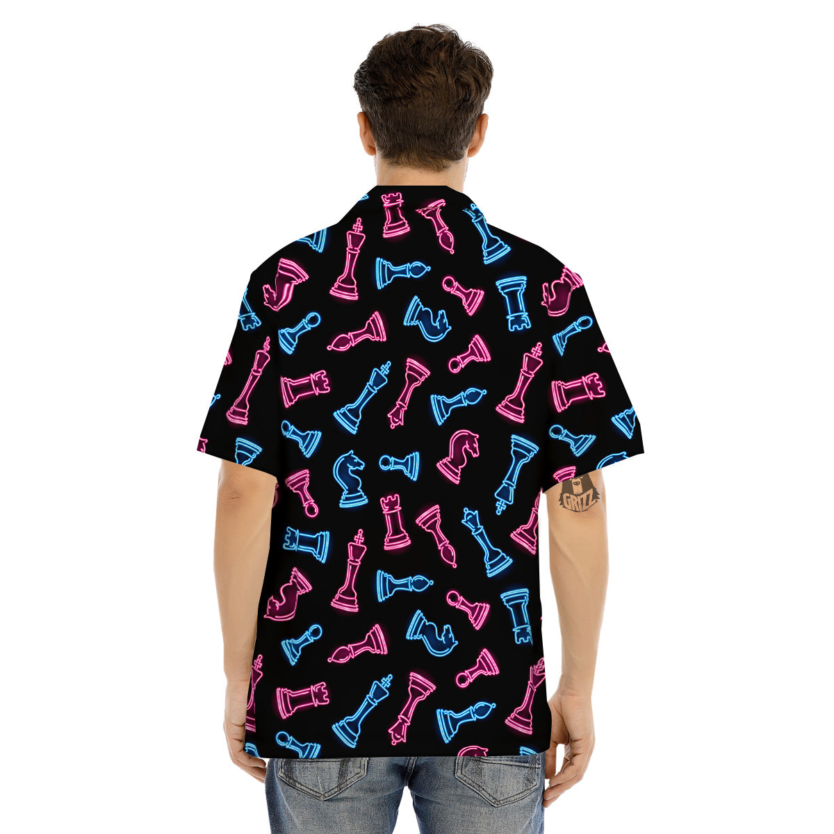 Neon Chess Pieces Print Pattern Men's Hawaiian Shirt-grizzshop