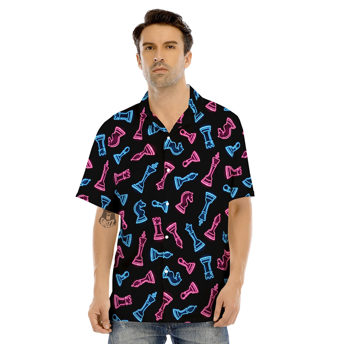Neon Chess Pieces Print Pattern Men's Hawaiian Shirt-grizzshop