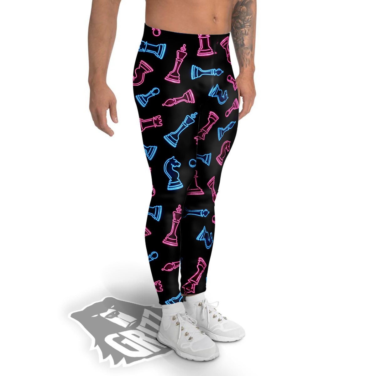 Neon Chess Pieces Print Pattern Men's Leggings-grizzshop