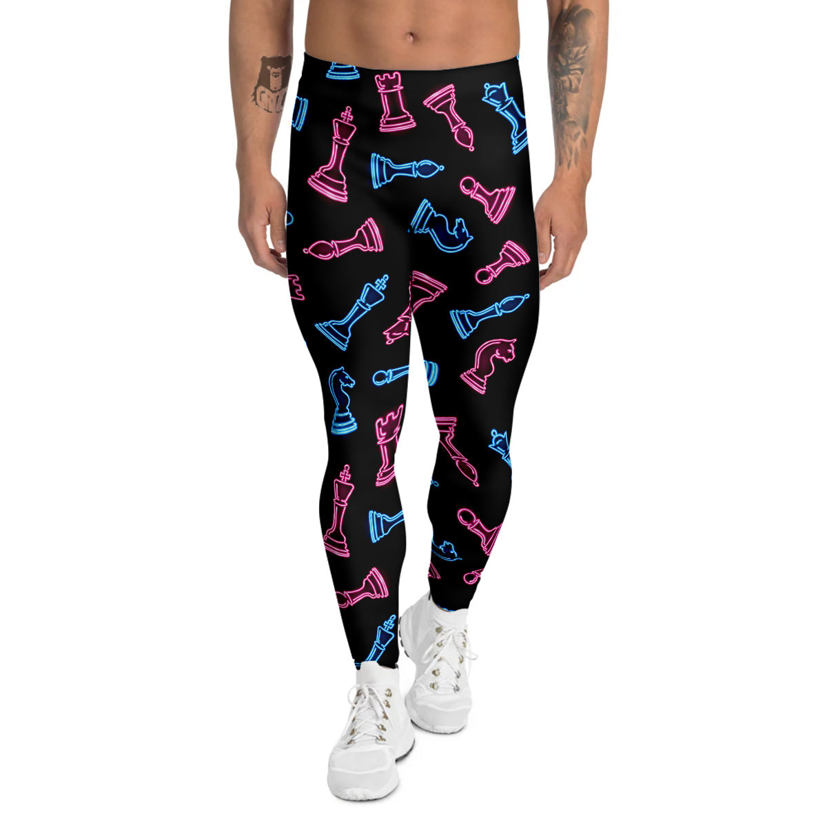 Neon Chess Pieces Print Pattern Men's Leggings-grizzshop