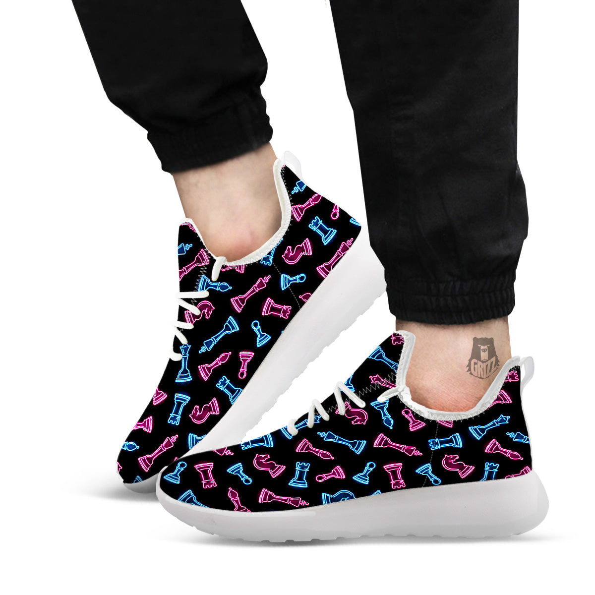Neon Chess Pieces Print Pattern White Athletic Shoes-grizzshop