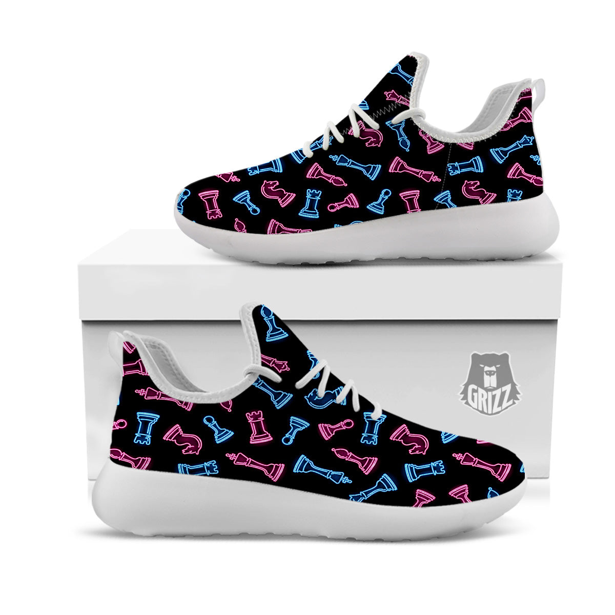Neon Chess Pieces Print Pattern White Athletic Shoes-grizzshop