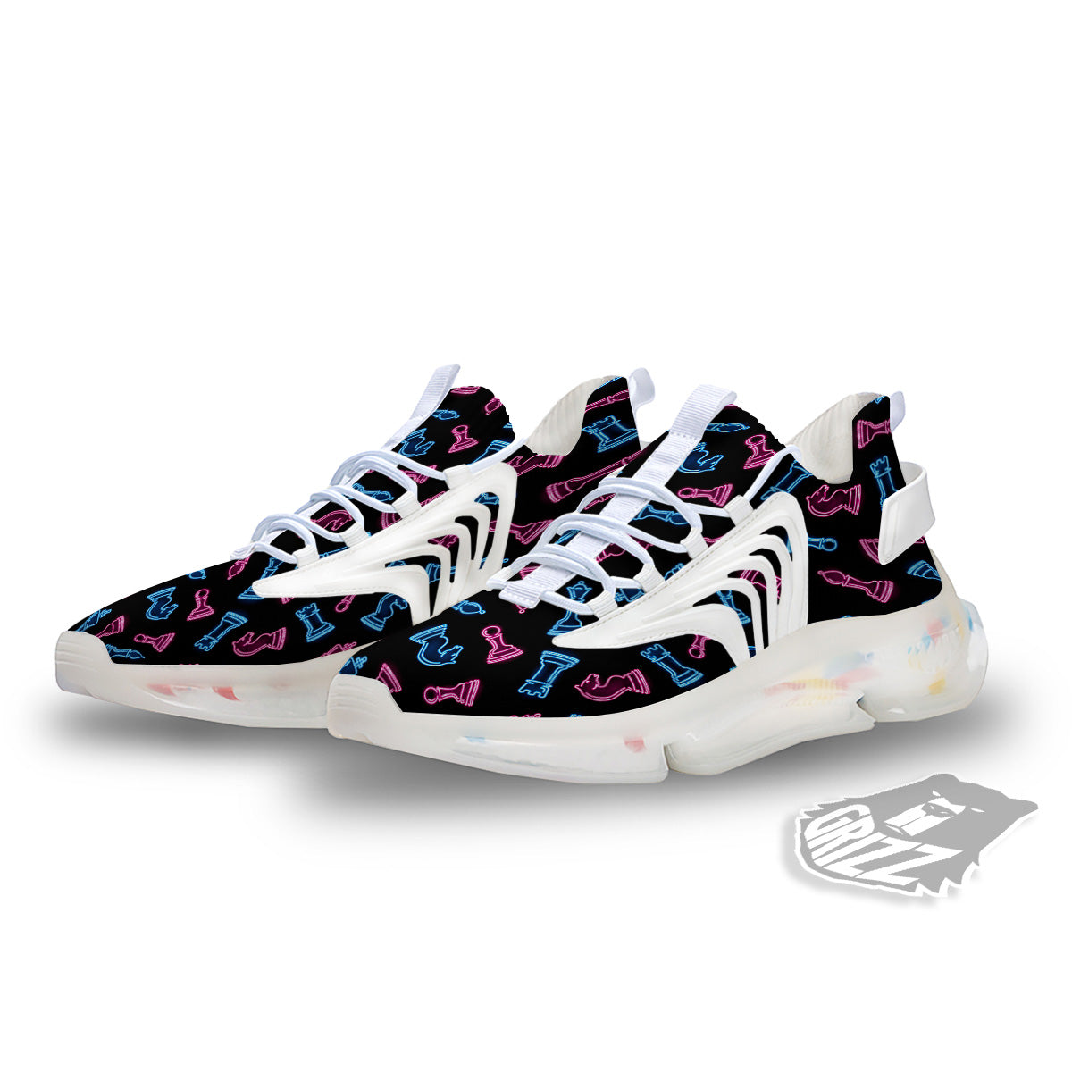 Neon Chess Pieces Print Pattern White Gym Shoes-grizzshop
