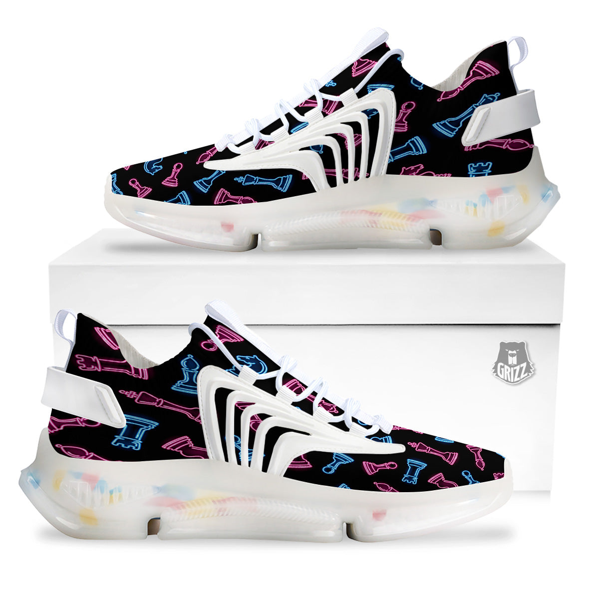 Neon Chess Pieces Print Pattern White Gym Shoes-grizzshop