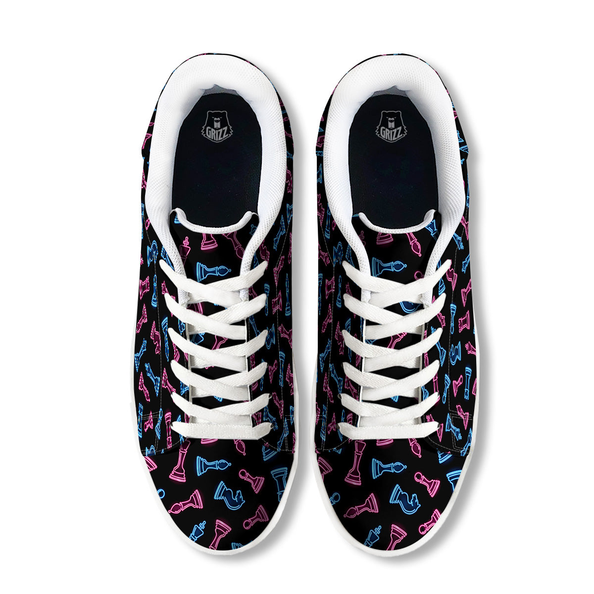 Neon Chess Pieces Print Pattern White Low Top Sneakers-grizzshop