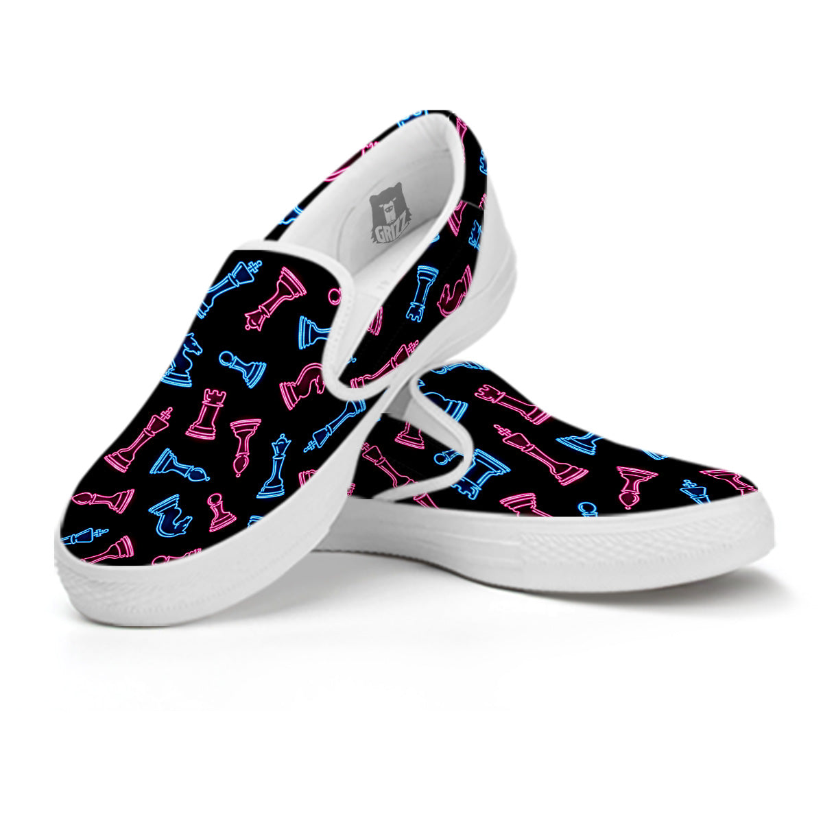 Neon Chess Pieces Print Pattern White Slip On Shoes-grizzshop