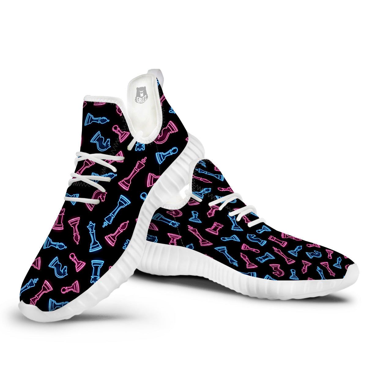 Neon Chess Pieces Print Pattern White Walking Shoes-grizzshop