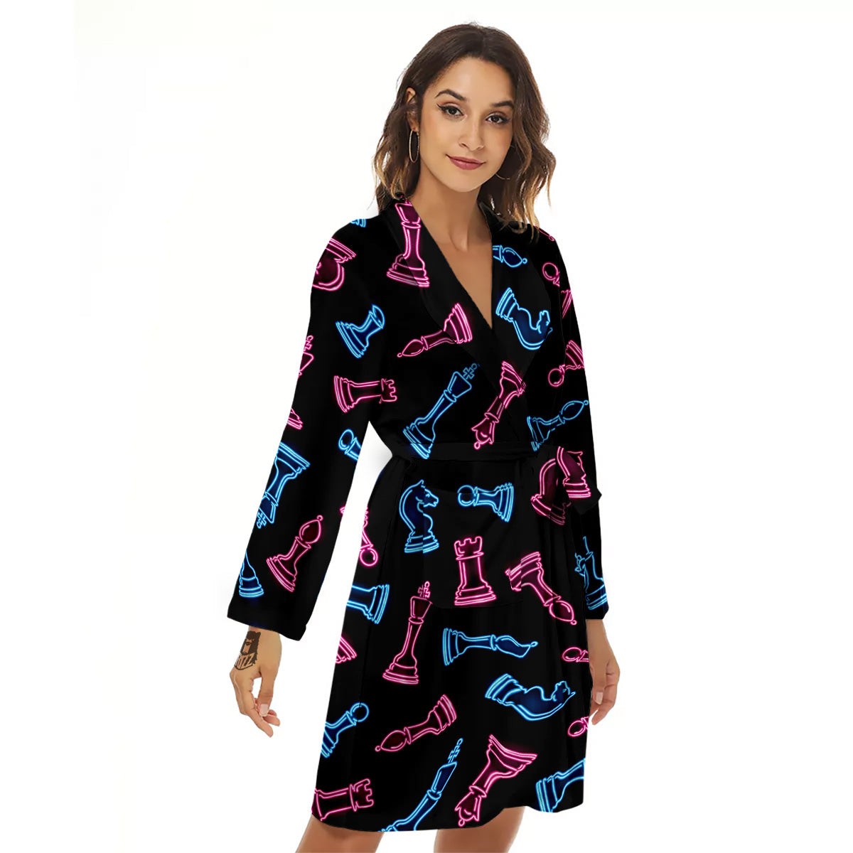 Neon Chess Pieces Print Pattern Women's Robe-grizzshop