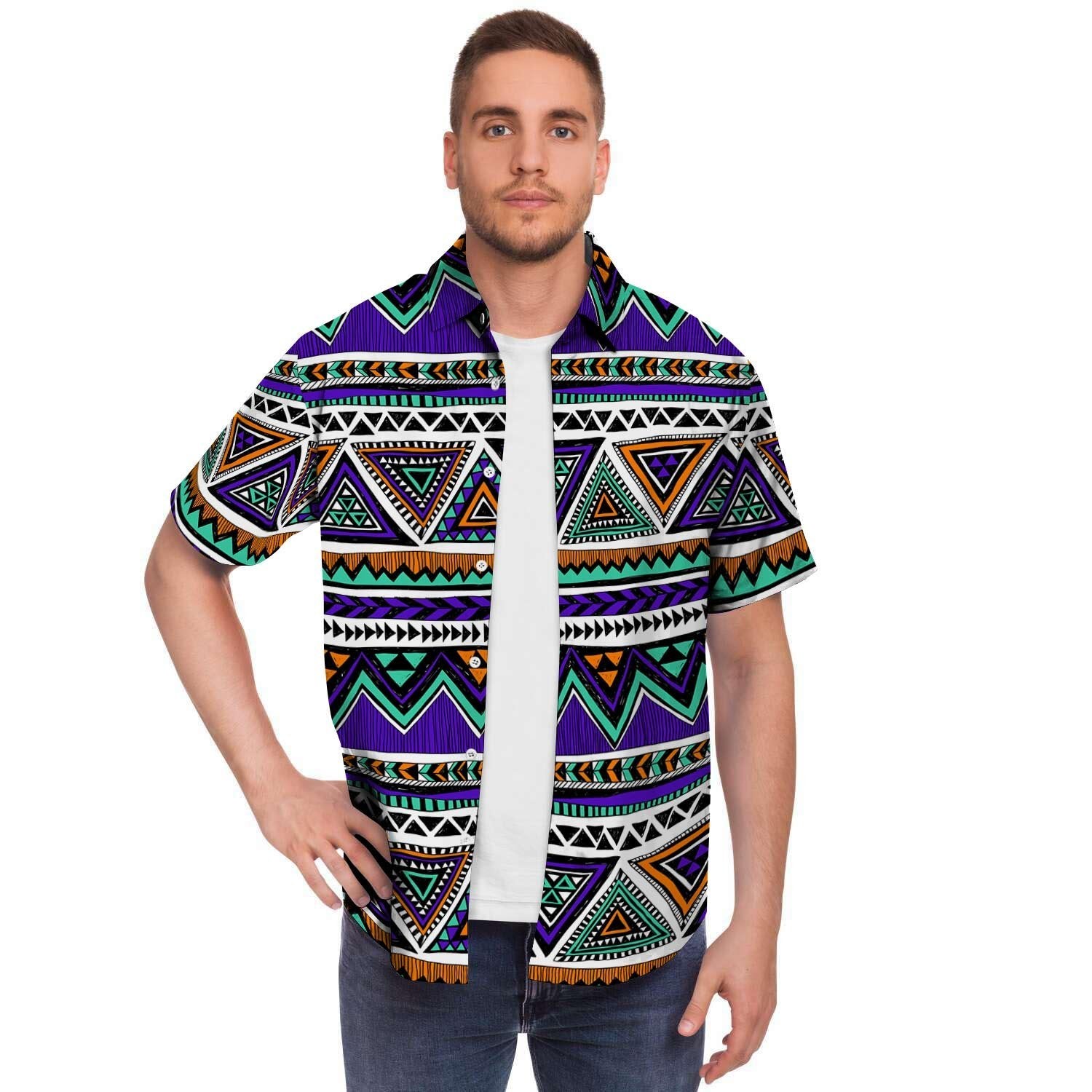Neon Color Indian Aztec Doodle Men's Short Sleeve Shirt-grizzshop