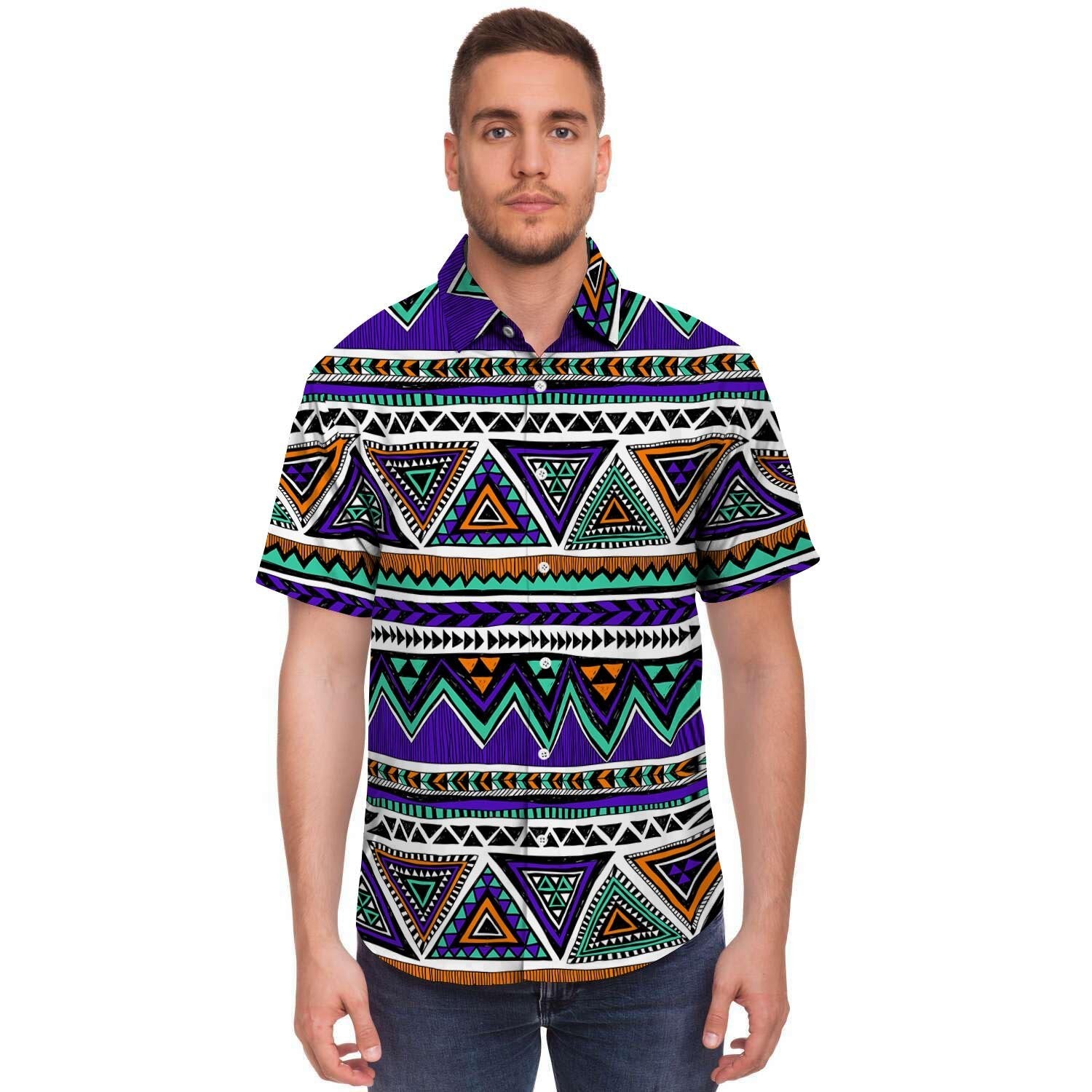 Neon Color Indian Aztec Doodle Men's Short Sleeve Shirt-grizzshop
