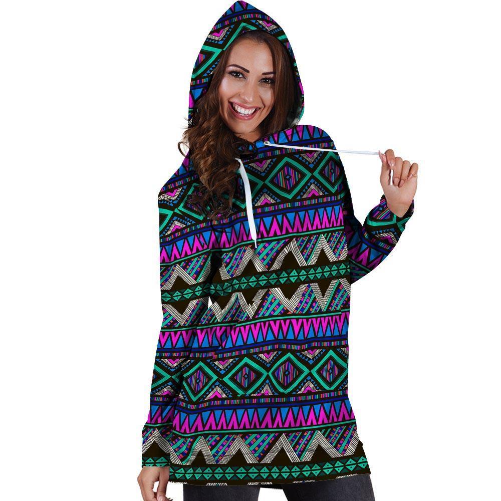 Neon Color Indian Aztec Trippy Hoodie Dress-grizzshop