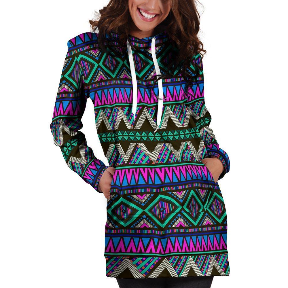 Neon Color Indian Aztec Trippy Hoodie Dress-grizzshop