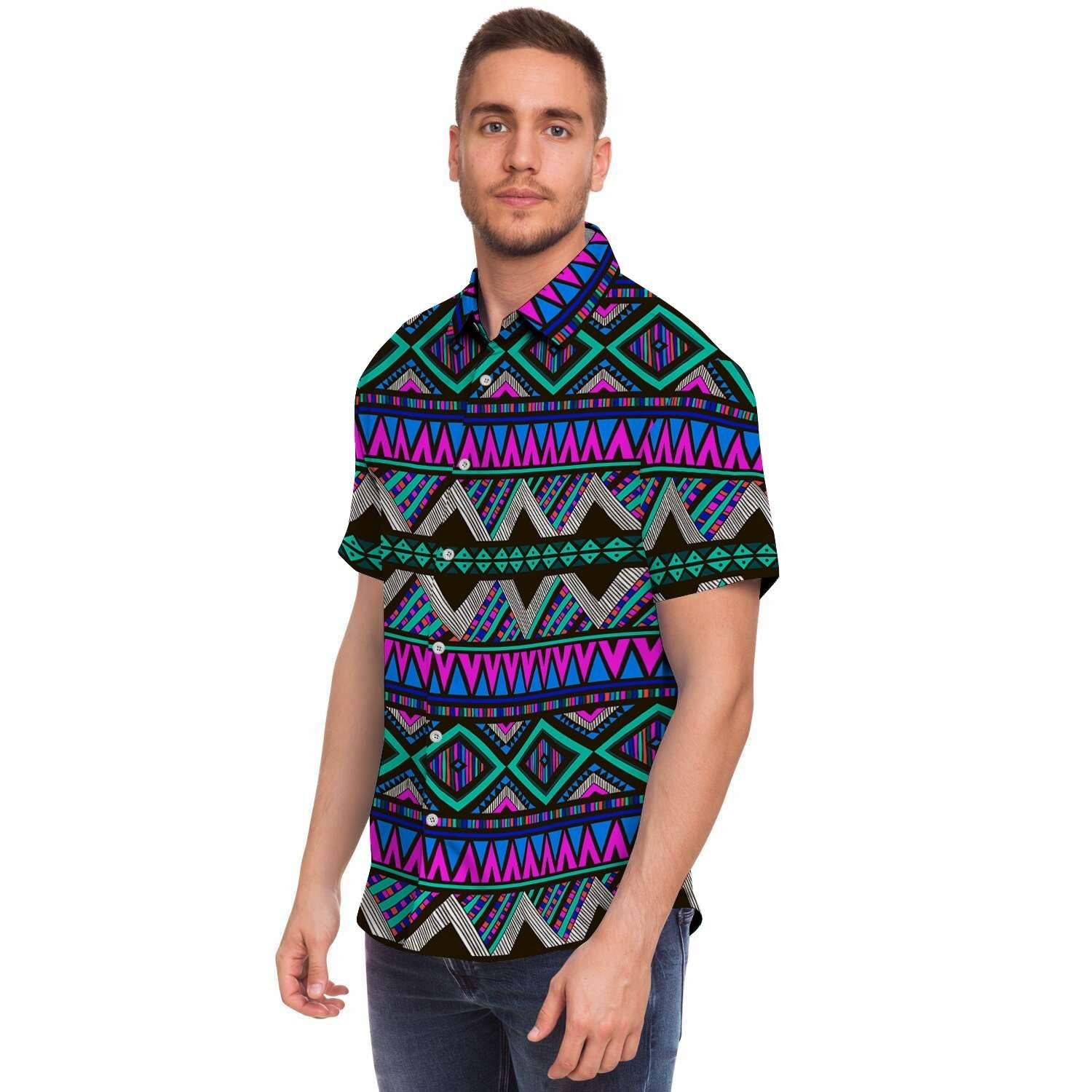 Neon Color Indian Aztec Trippy Men's Short Sleeve Shirt-grizzshop