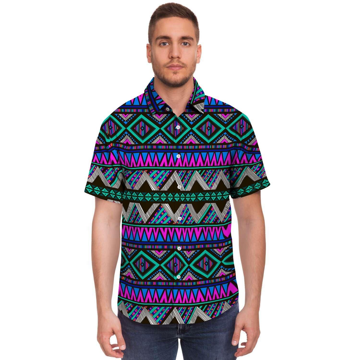 Neon Color Indian Aztec Trippy Men's Short Sleeve Shirt-grizzshop