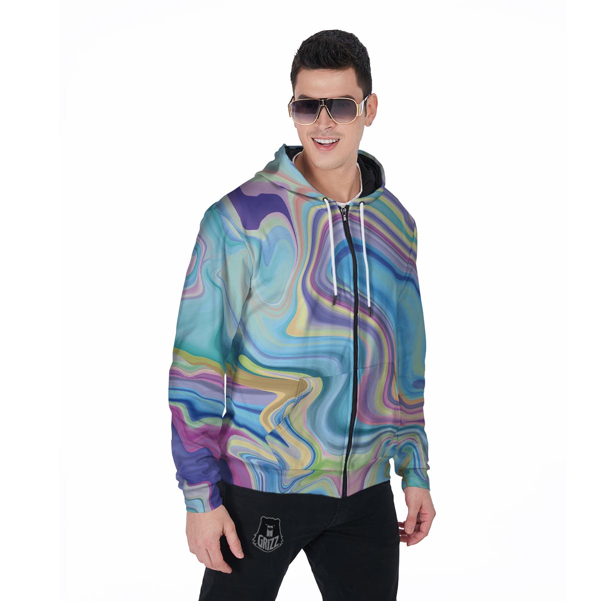 Neon Color Marble Men's Zip Up Hoodie-grizzshop