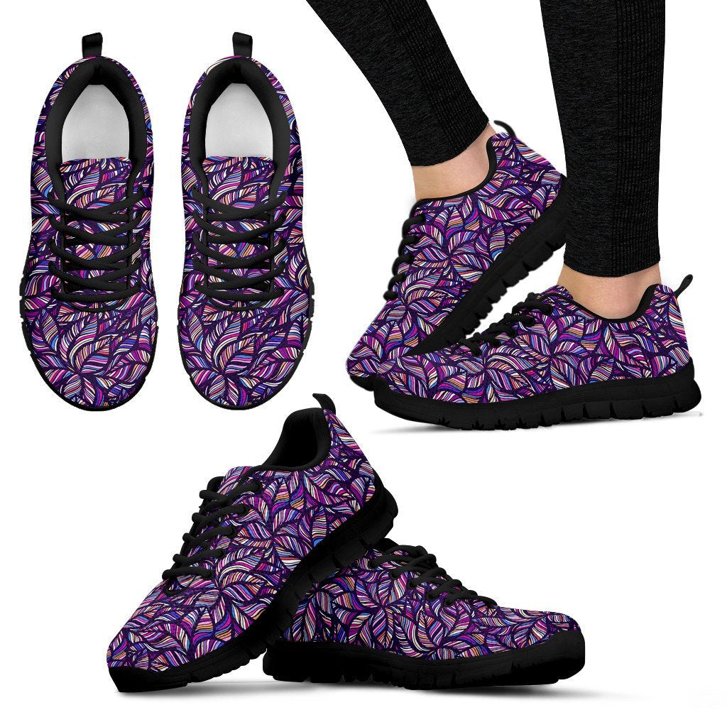 Neon Floral Tropical Hawaiian Palm Leaves Pattern Print Black Sneaker Shoes For Men Women-grizzshop