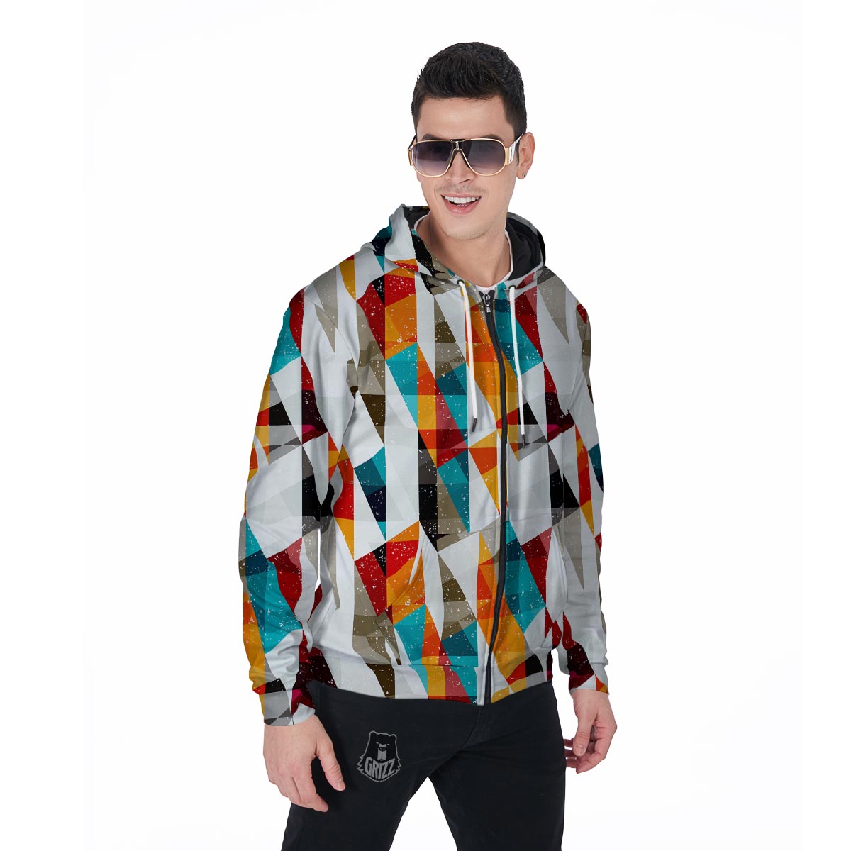 Neon Geometric Men's Zip Up Hoodie-grizzshop