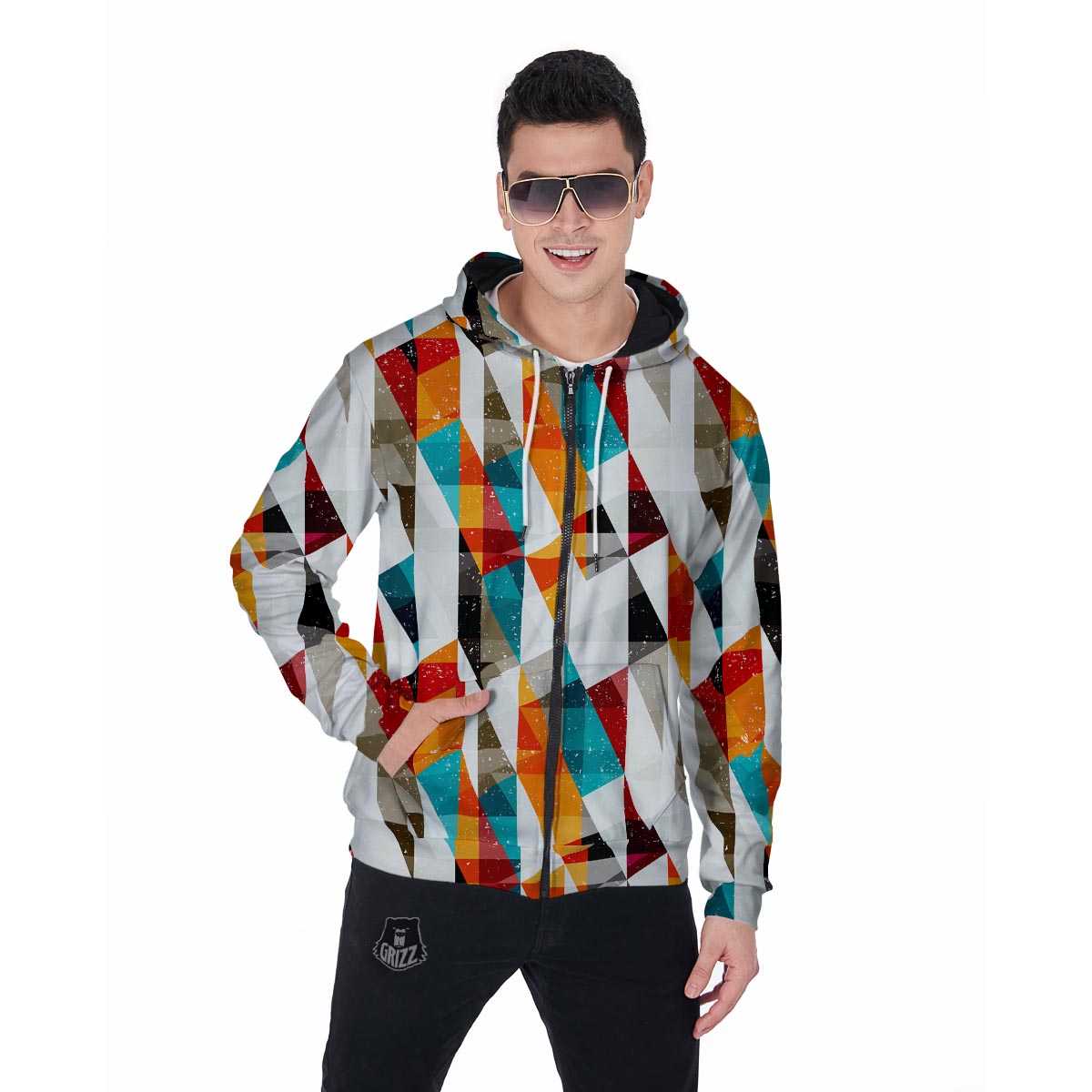 Neon Geometric Men's Zip Up Hoodie-grizzshop
