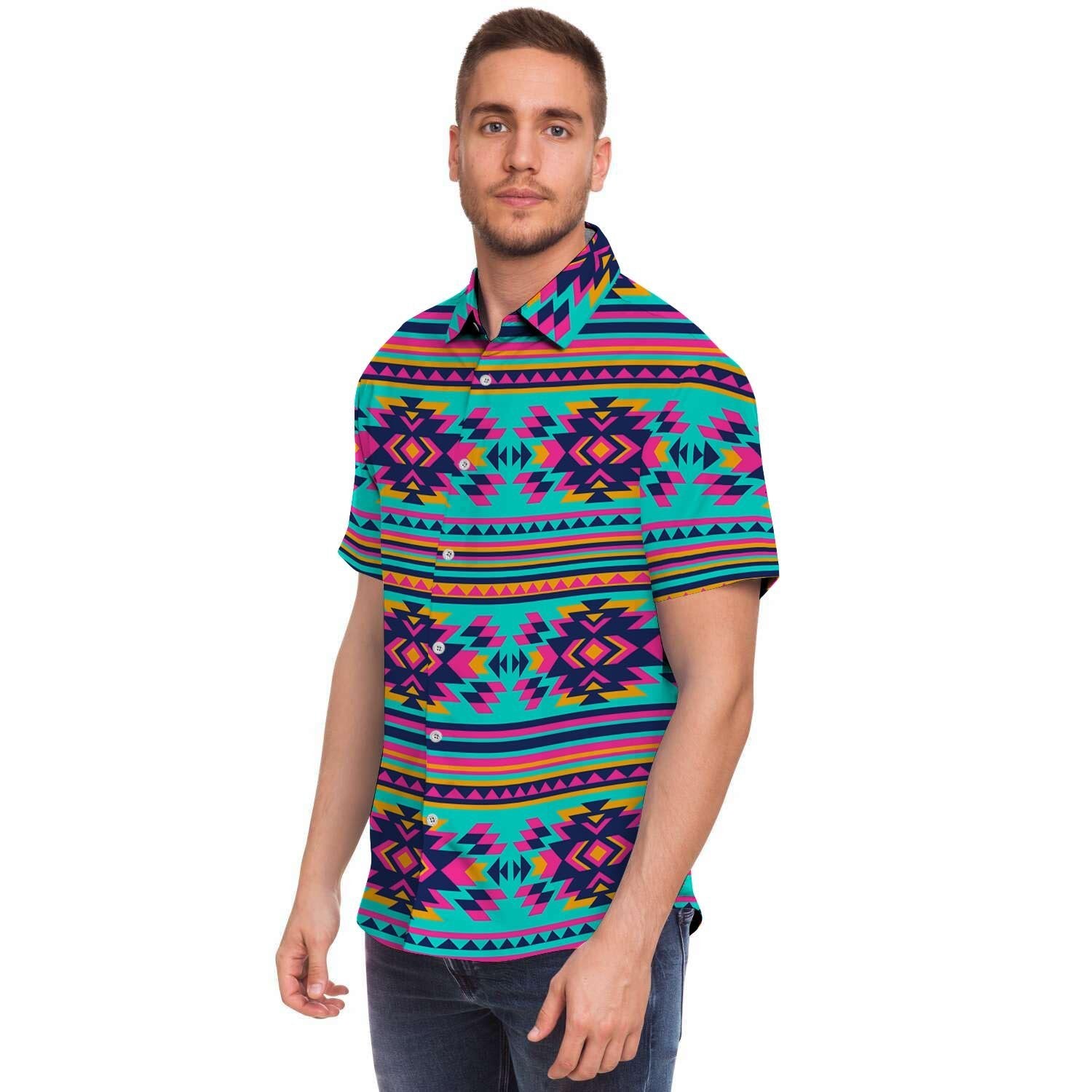 Neon Indian Aztec Abstract Art Print Men's Short Sleeve Shirt-grizzshop