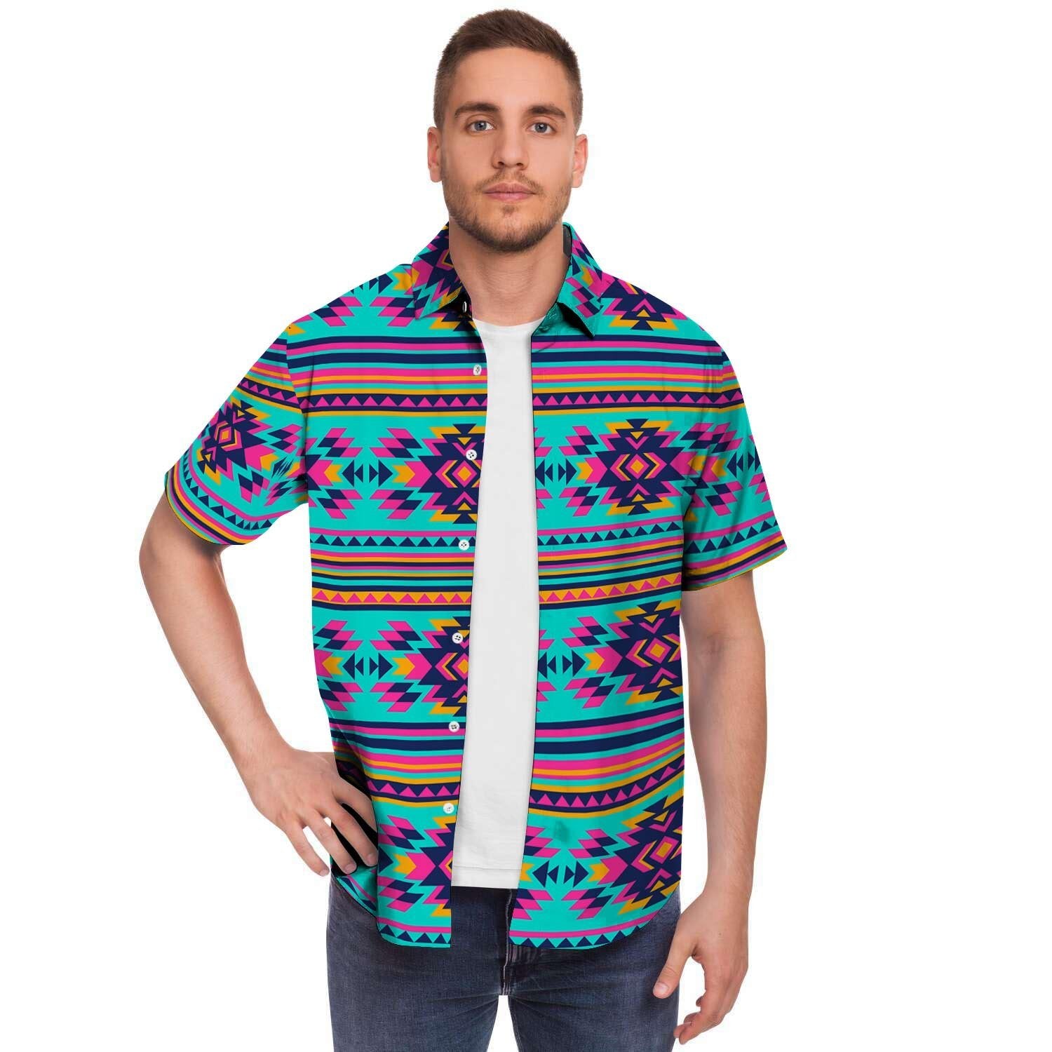 Neon Indian Aztec Abstract Art Print Men's Short Sleeve Shirt-grizzshop