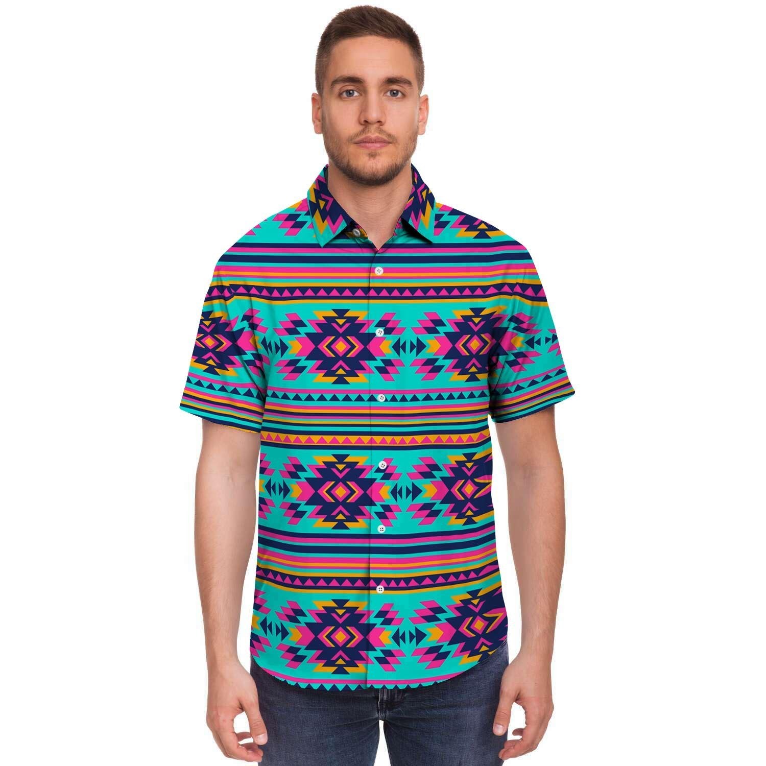 Neon Indian Aztec Abstract Art Print Men's Short Sleeve Shirt-grizzshop