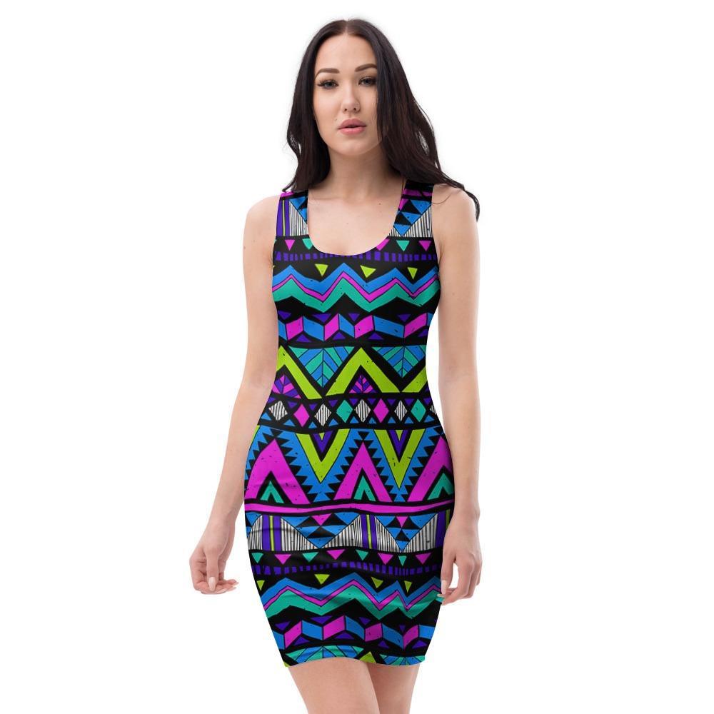 Neon Indian Aztec Doodle Bodycon Dress-grizzshop