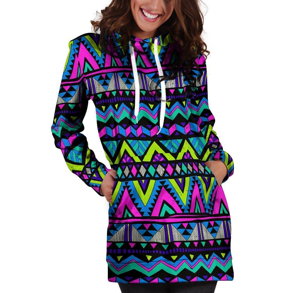 Neon Indian Aztec Doodle Hoodie Dress-grizzshop