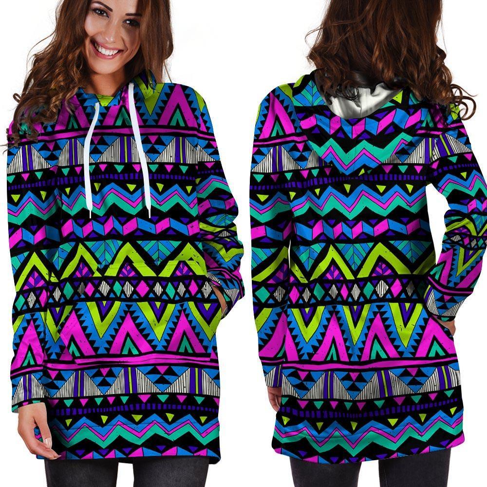 Neon Indian Aztec Doodle Hoodie Dress-grizzshop