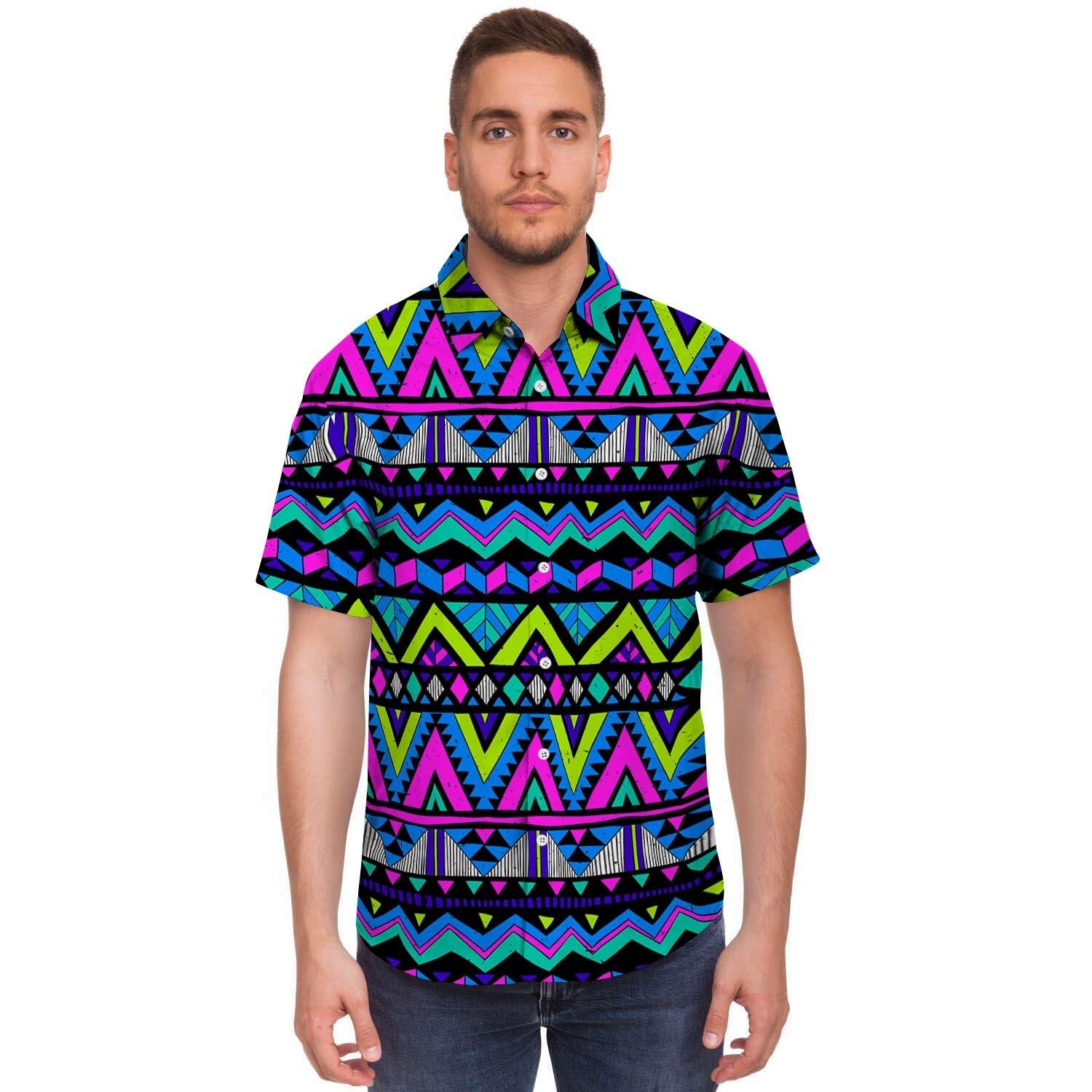 Neon Indian Aztec Doodle Men's Short Sleeve Shirt-grizzshop