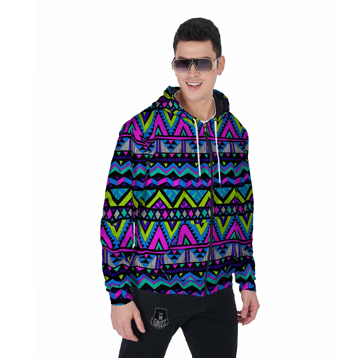 Neon Indian Aztec Doodle Men's Zip Up Hoodie-grizzshop