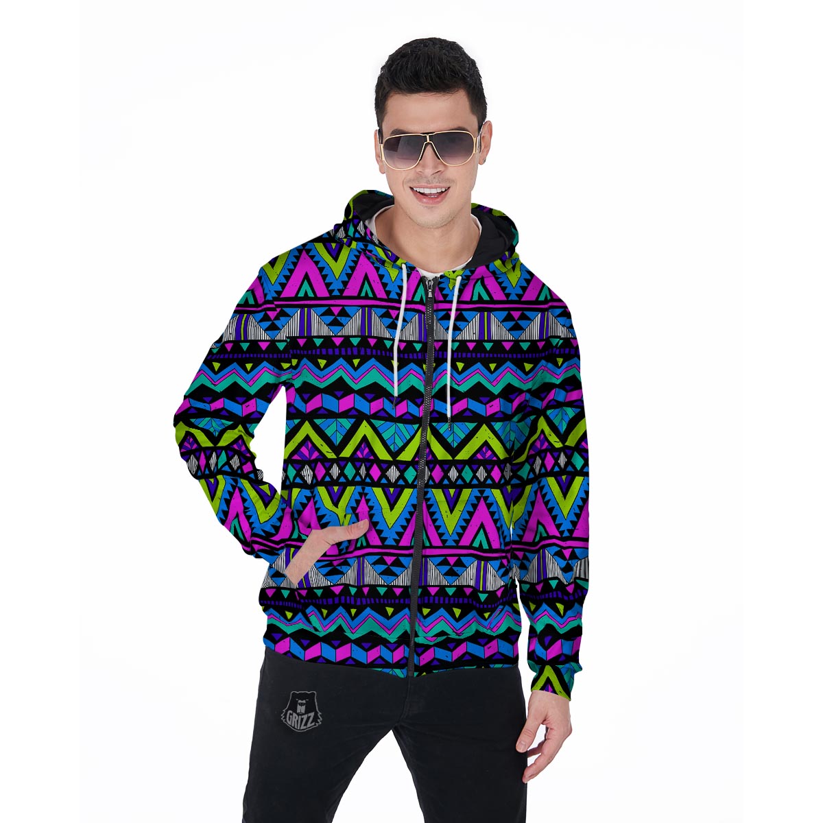 Neon Indian Aztec Doodle Men's Zip Up Hoodie-grizzshop