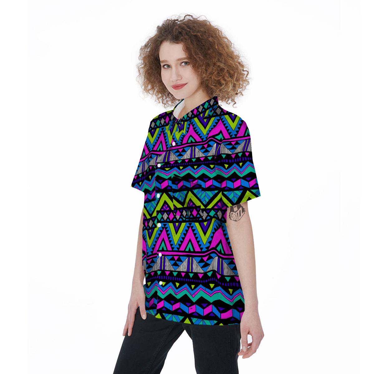 Neon Indian Aztec Doodle Women's Short Sleeve Shirts-grizzshop