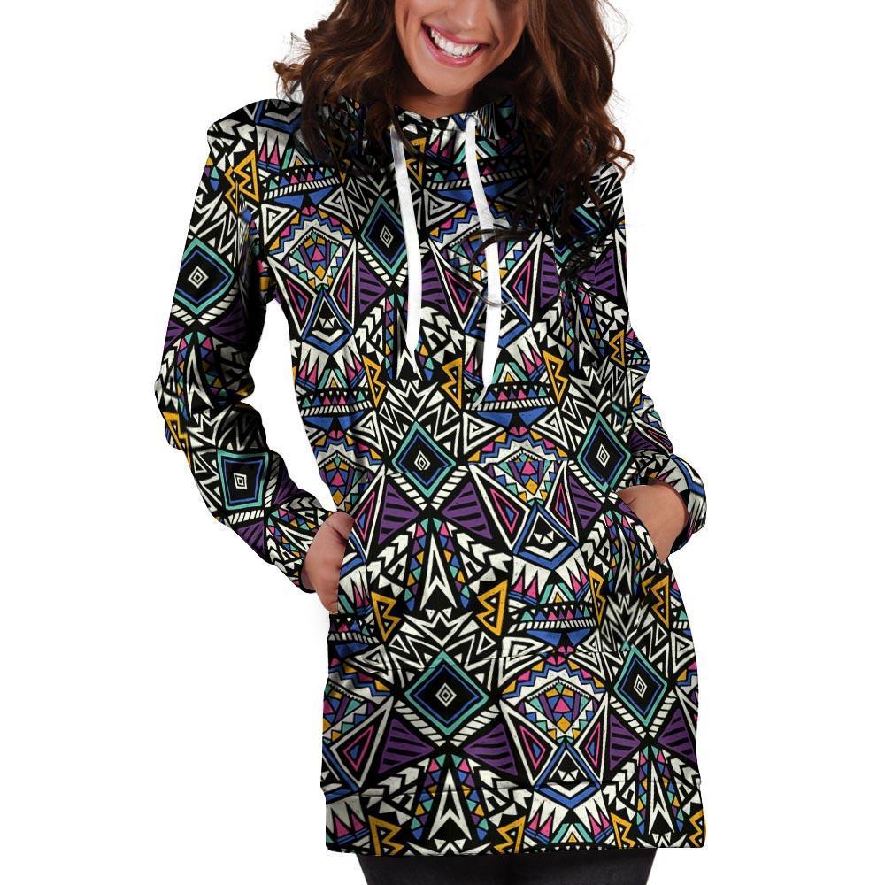 Neon Indian Aztec Triangles Abstract Geometric Art Hoodie Dress-grizzshop