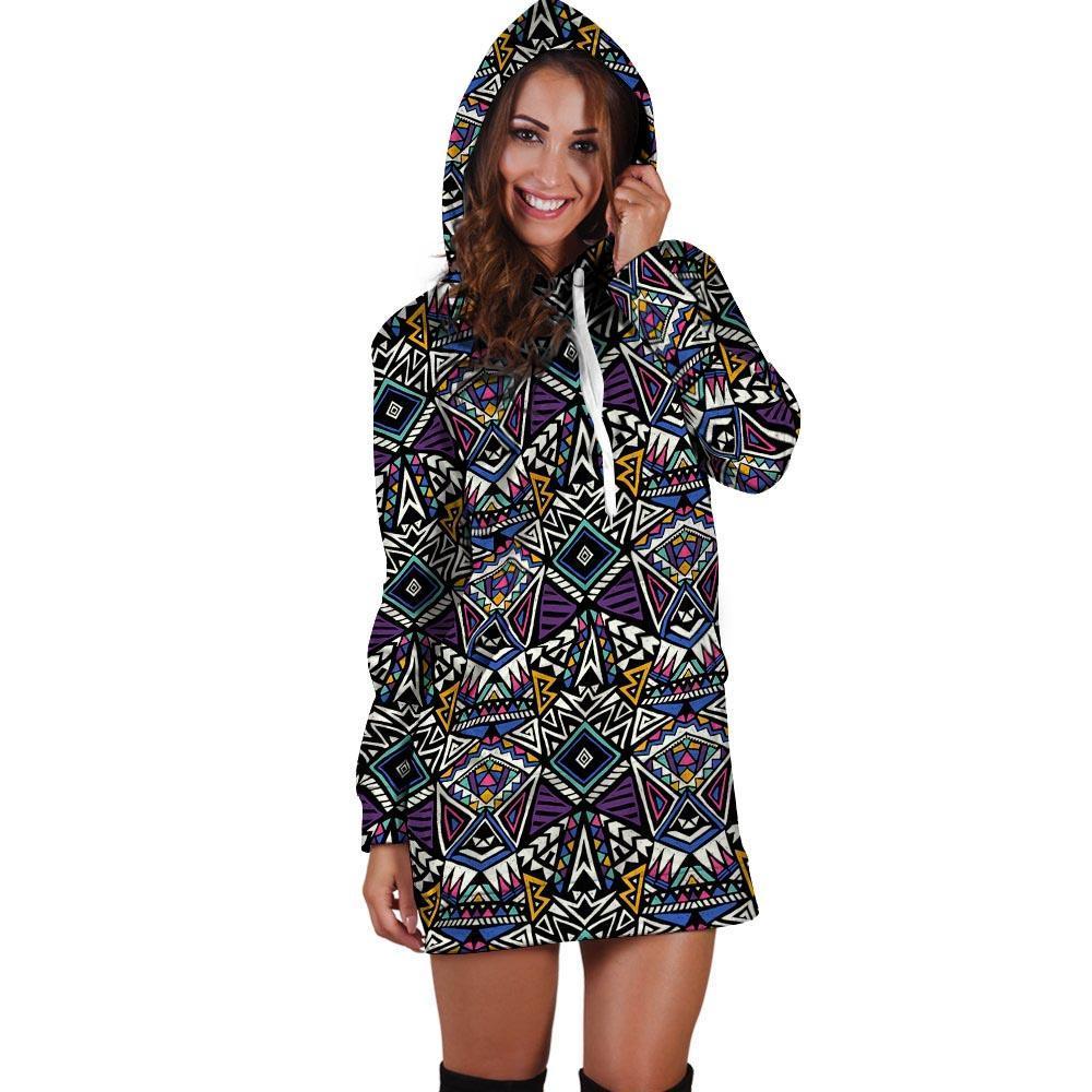 Neon Indian Aztec Triangles Abstract Geometric Art Hoodie Dress-grizzshop