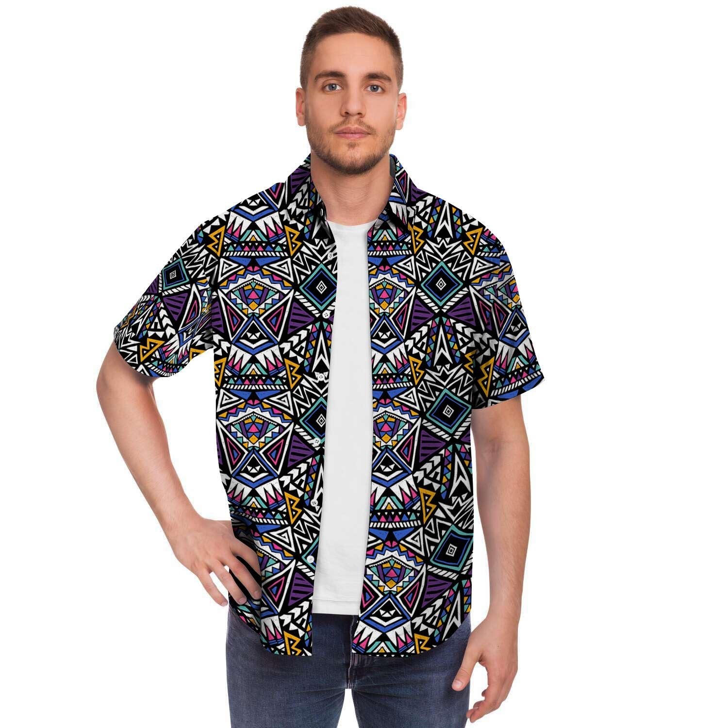 Neon Indian Aztec Triangles Abstract Geometric Art Men's Short Sleeve Shirt-grizzshop