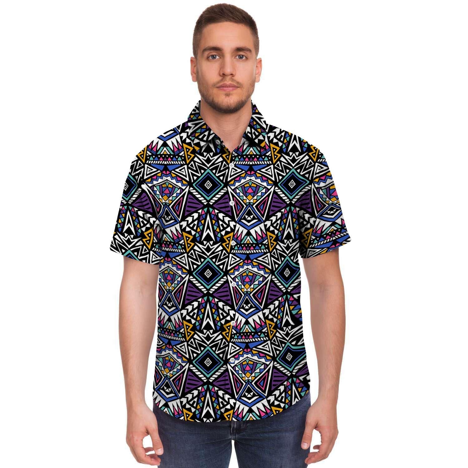 Neon Indian Aztec Triangles Abstract Geometric Art Men's Short Sleeve Shirt-grizzshop