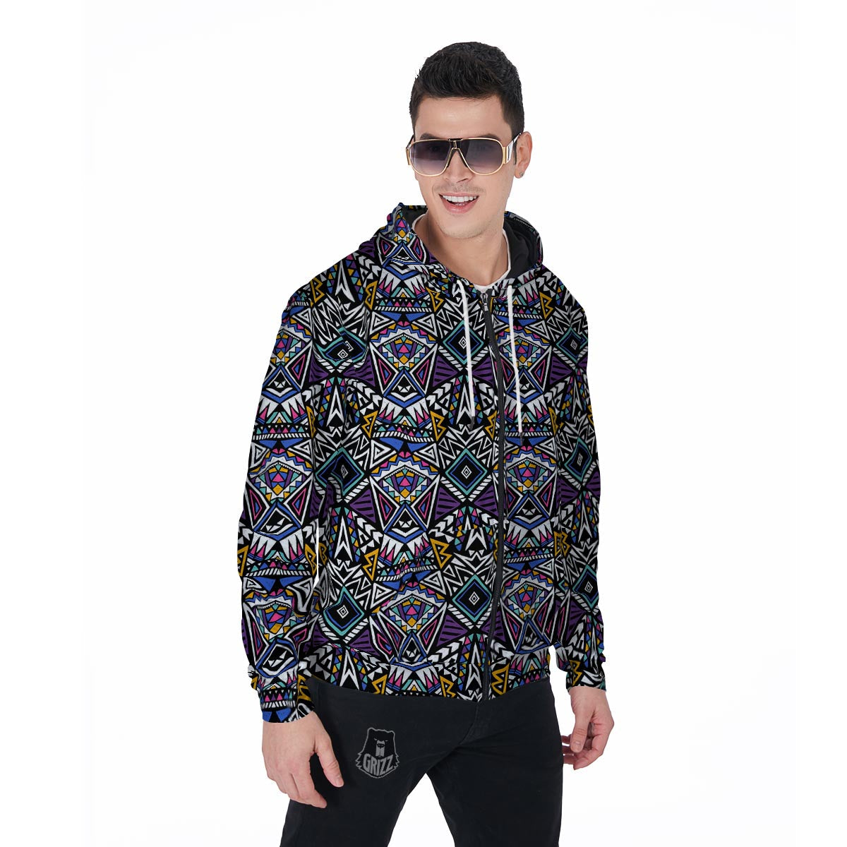 Neon Indian Aztec Triangles Abstract Geometric Art Men's Zip Up Hoodie-grizzshop