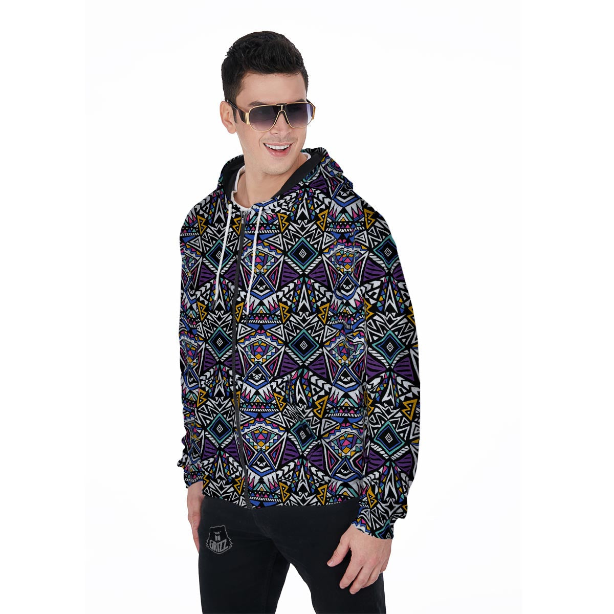 Neon Indian Aztec Triangles Abstract Geometric Art Men's Zip Up Hoodie-grizzshop