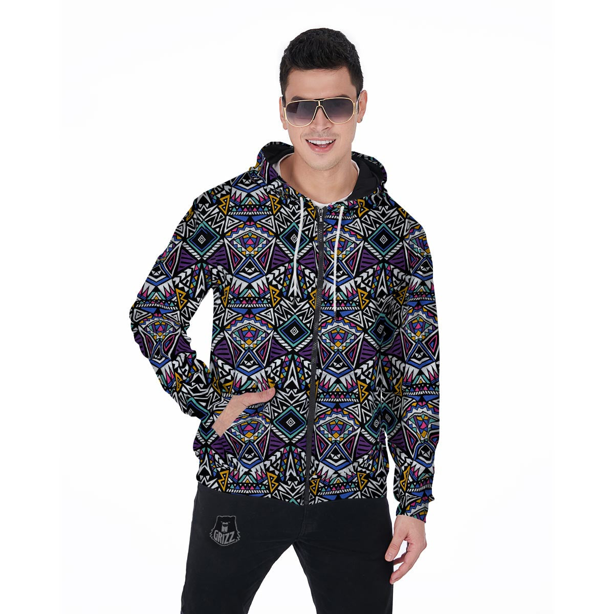 Neon Indian Aztec Triangles Abstract Geometric Art Men's Zip Up Hoodie-grizzshop