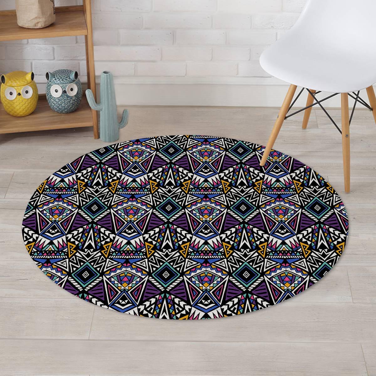 Neon Indian Aztec Triangles Abstract Geometric Art Round Rug-grizzshop