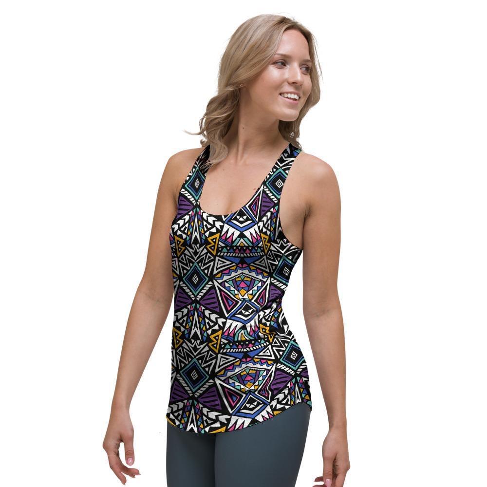 Neon Indian Aztec Triangles Abstract Geometric Art Women's Racerback Tank Top-grizzshop