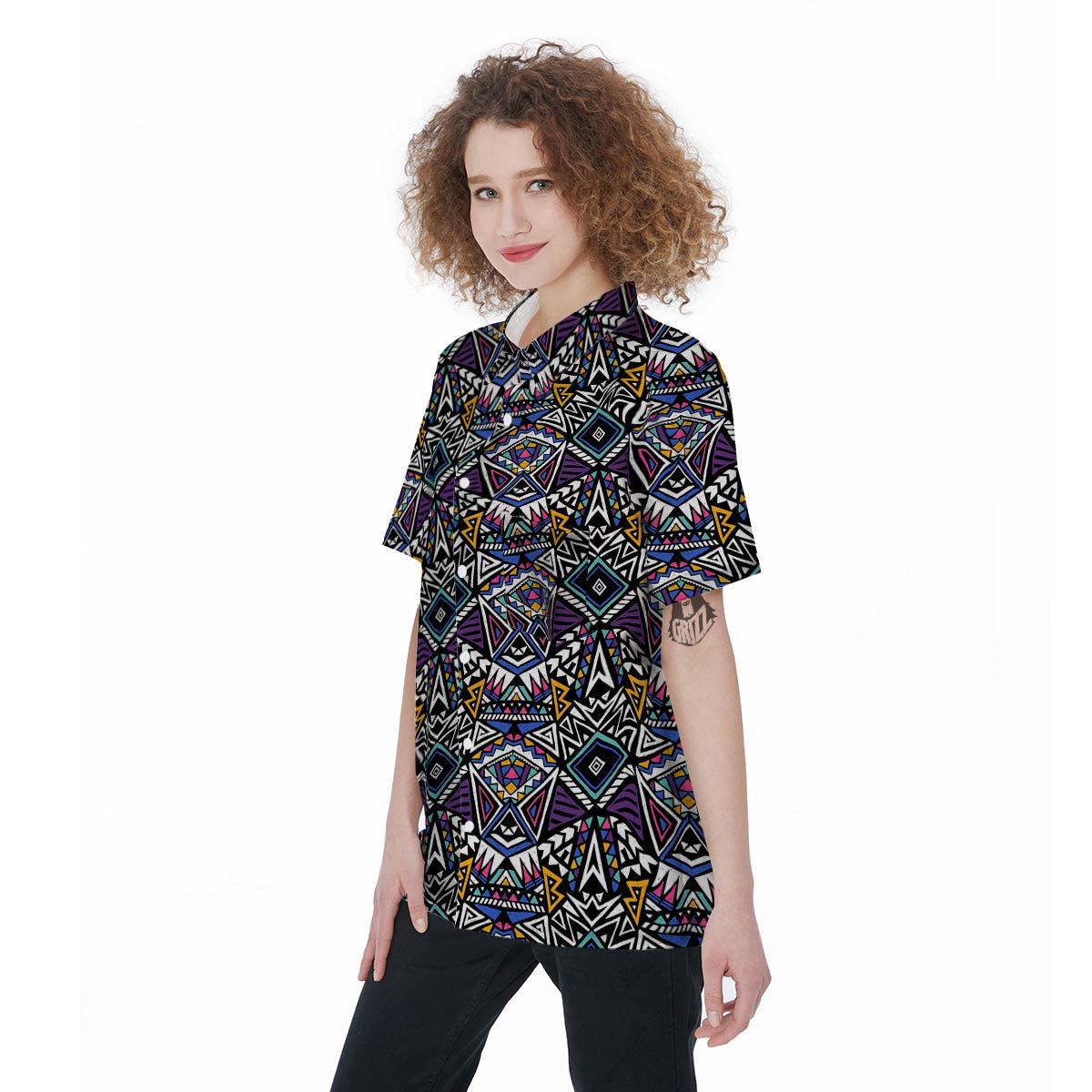 Neon Indian Aztec Triangles Abstract Geometric Art Women's Short Sleeve Shirts-grizzshop