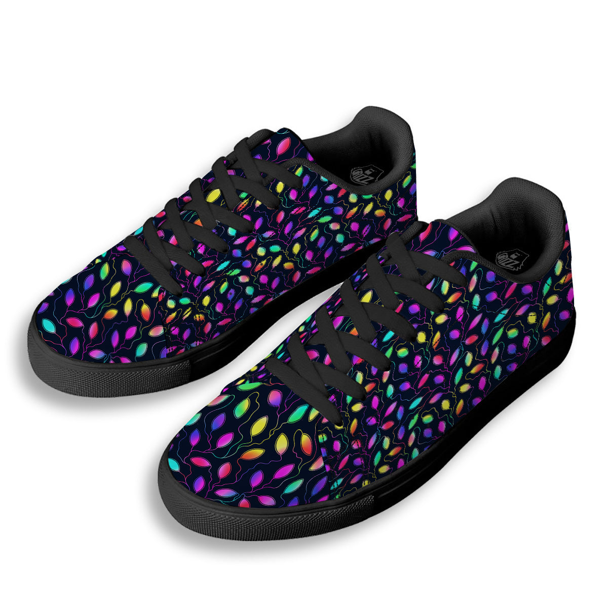 Neon Leaf Print Pattern Black Low Top Sneakers-grizzshop